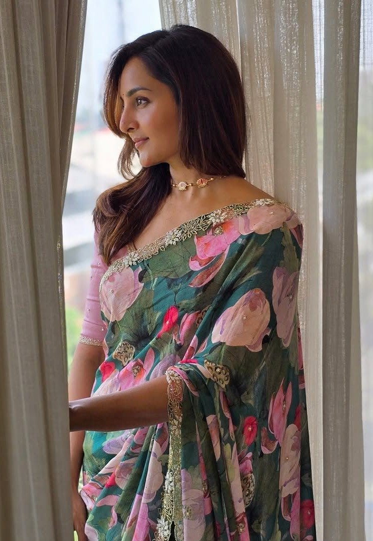 Teal Green Tebi Silk Digital Printed Val Moti Handwork Designer Saree